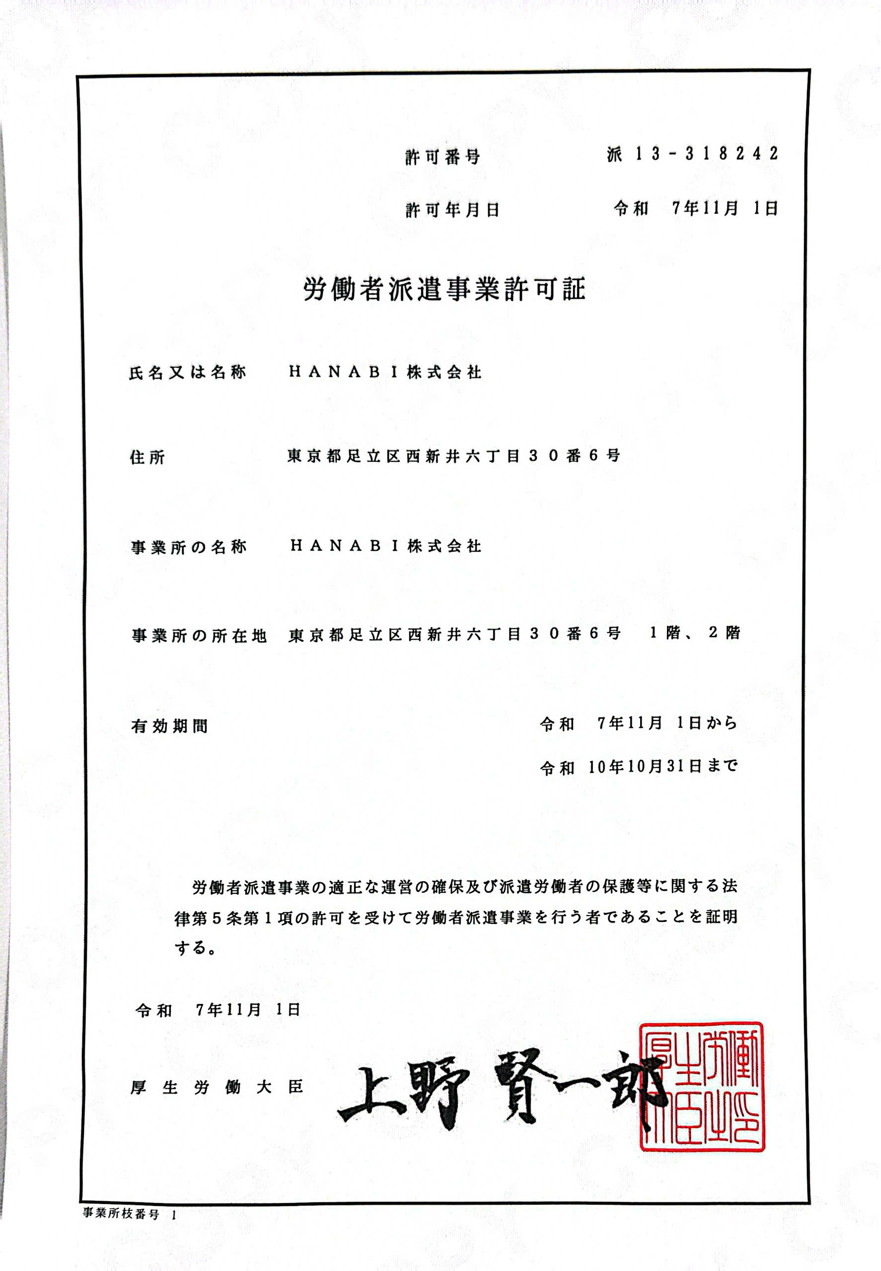 人材派遣許可証